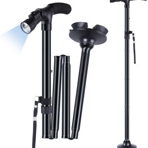 Walking Cane for Men Women:  Walking Canes with LED Light Folding Walking Stick Adjustable Free Standing Canes with Wrist Strap Travel Bag for niors Adults
