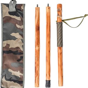 3pc Detachable Fir Wood Walking Stick for Hiking with Compass 55 Inches - with Animal Carving - Soft Hand Strap - Rubber Tip Cover