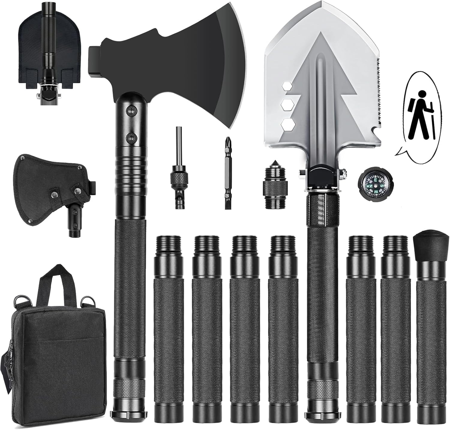 20 in 1 Multitool Survival kit, Camping Shovel Military Axe, 55" Trekking Pole Foldable Spade with Portable Bag and Hatchet, for Car Emergency Offroad Entrenching Tool